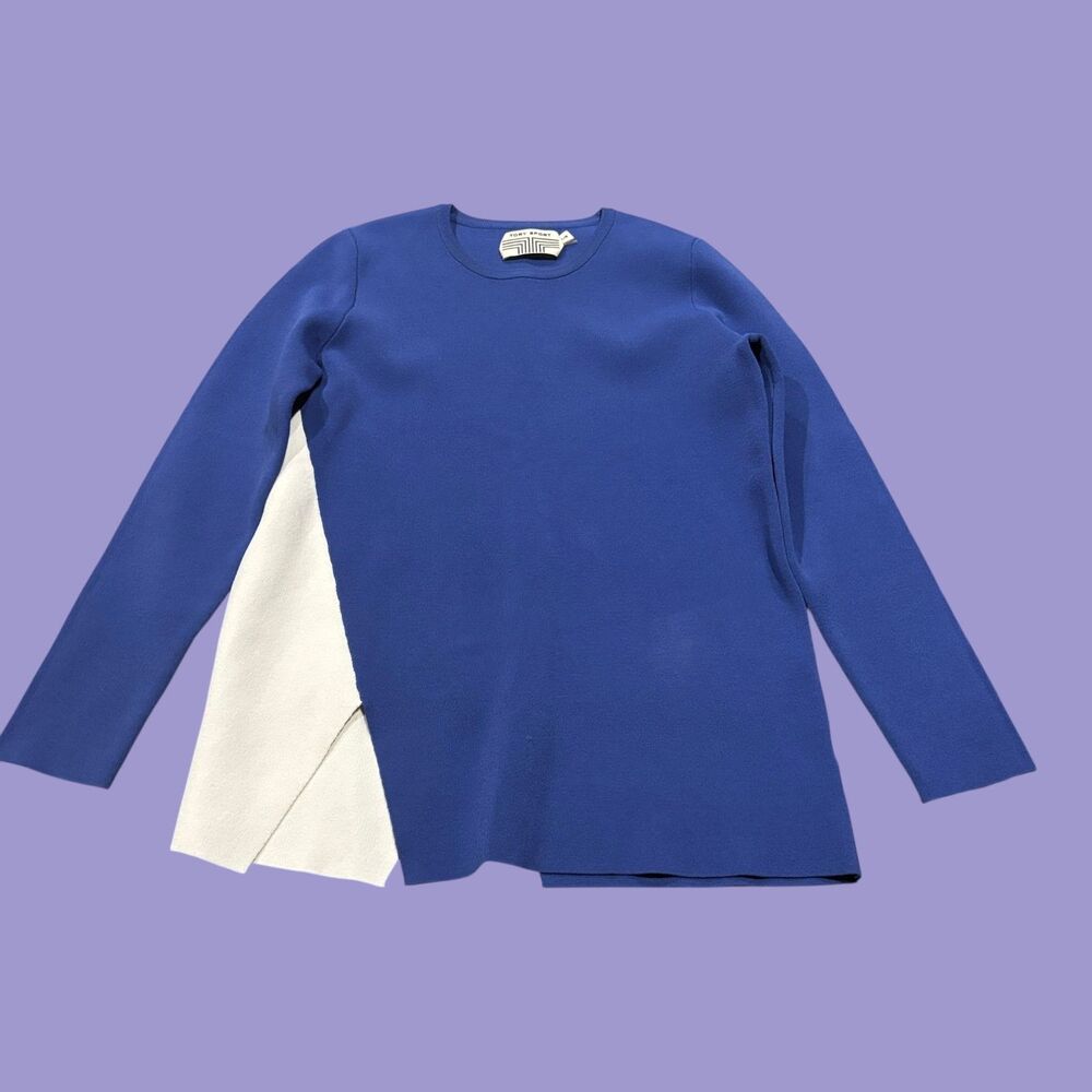 Tory Sport Sweater Women Large Blue White Knit Asymmetric Colorblock Long Sleeve